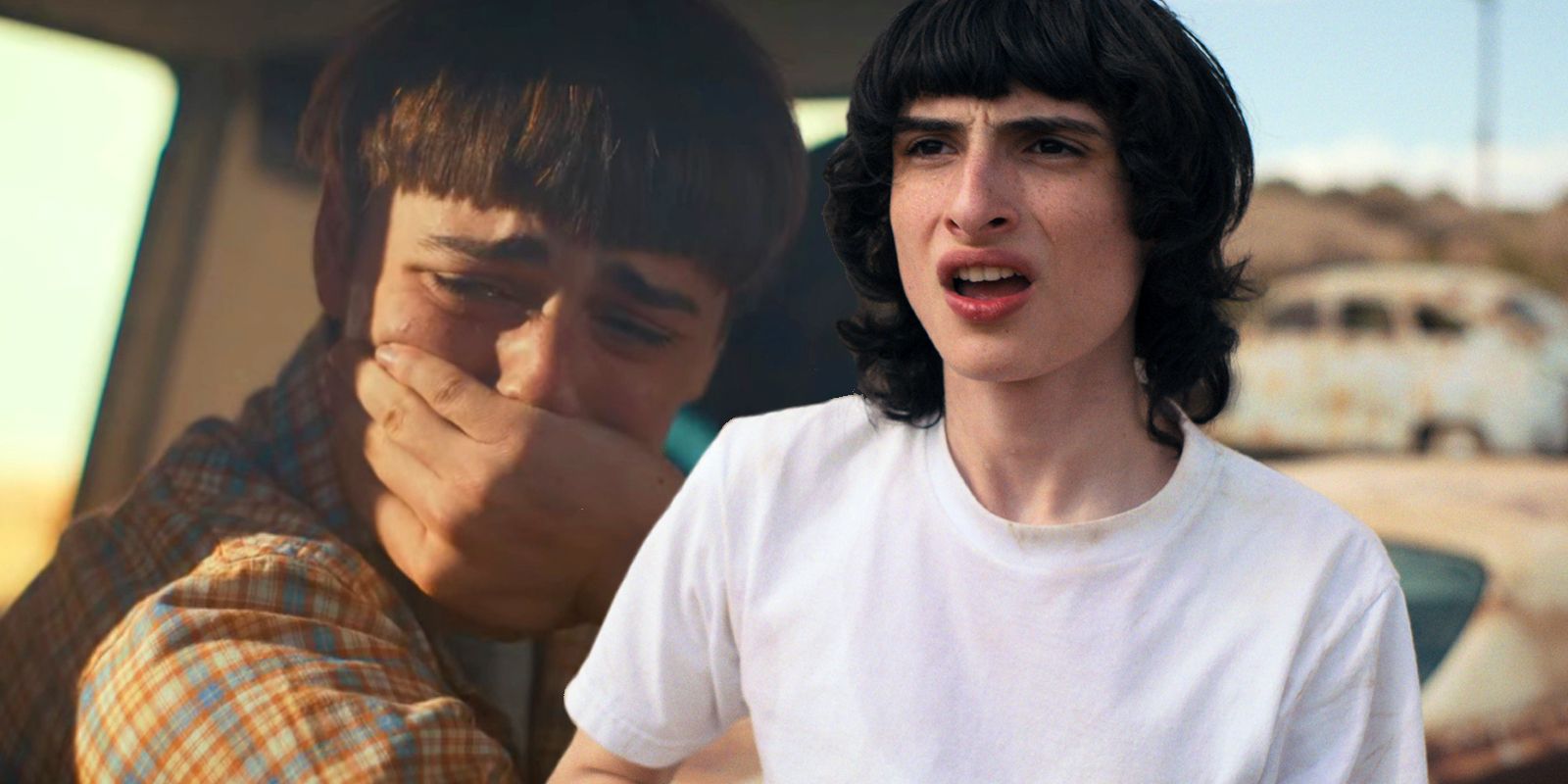 Noah Schnapp as Will crying and Finn Wolfhard as Mike in Stranger Things