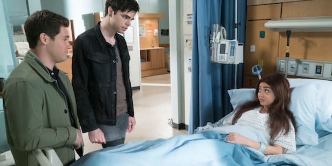 Andy and Dylan visiting Haley in the hospital on Modern Family