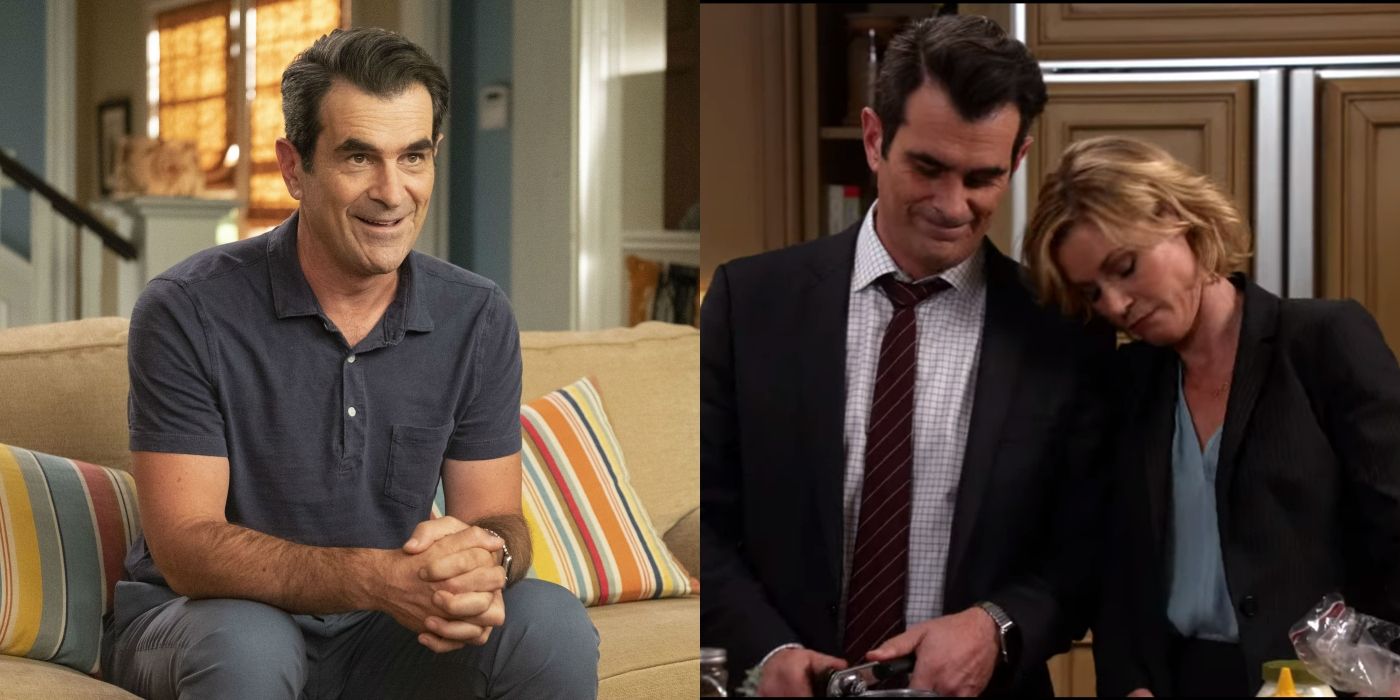 Split image of Phil sitting on the couch and Phil and Claire standing together on Modern Family