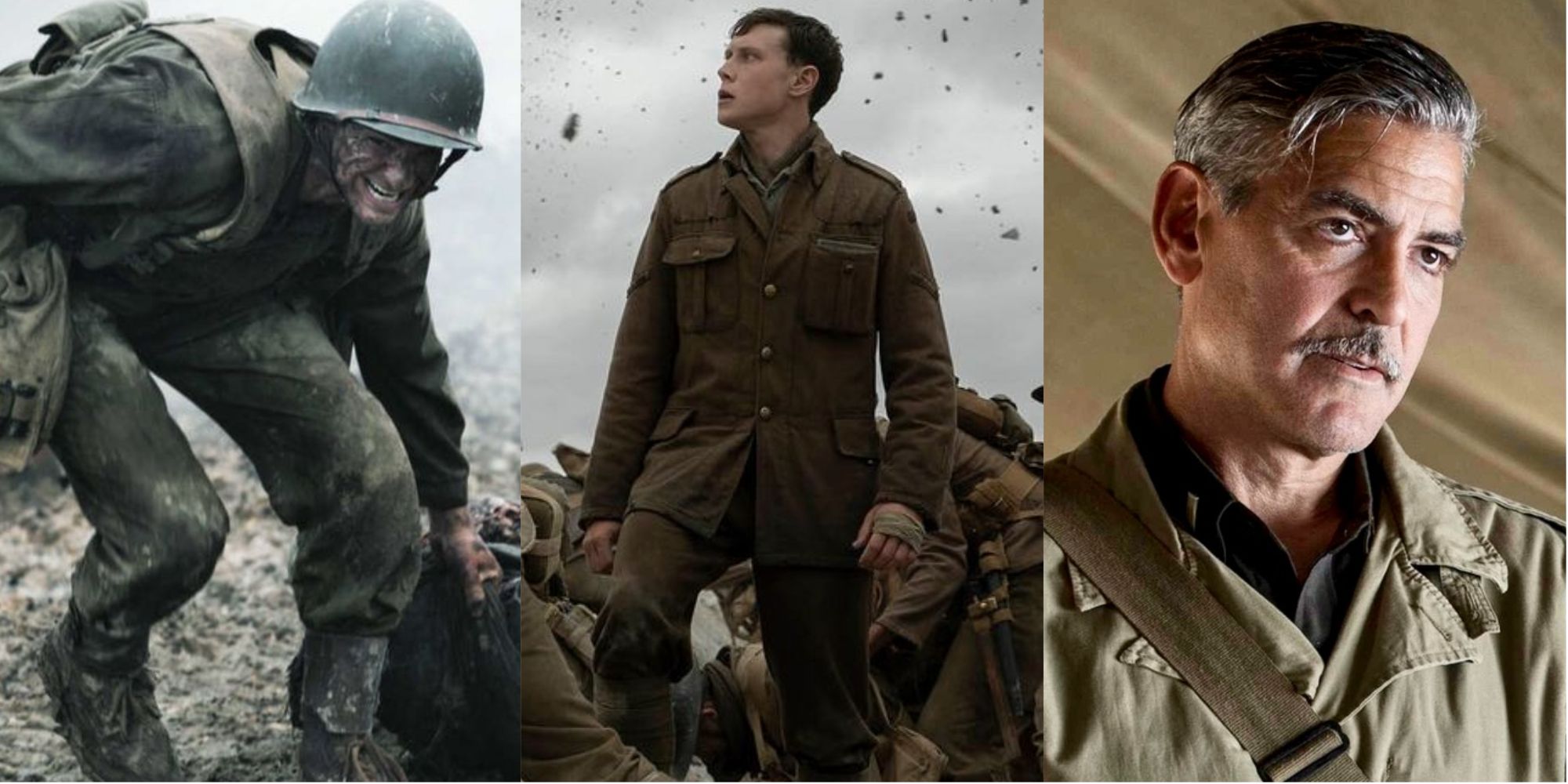 A split image of 1917, Hacksaw Ridge, and The Thin Red Line.