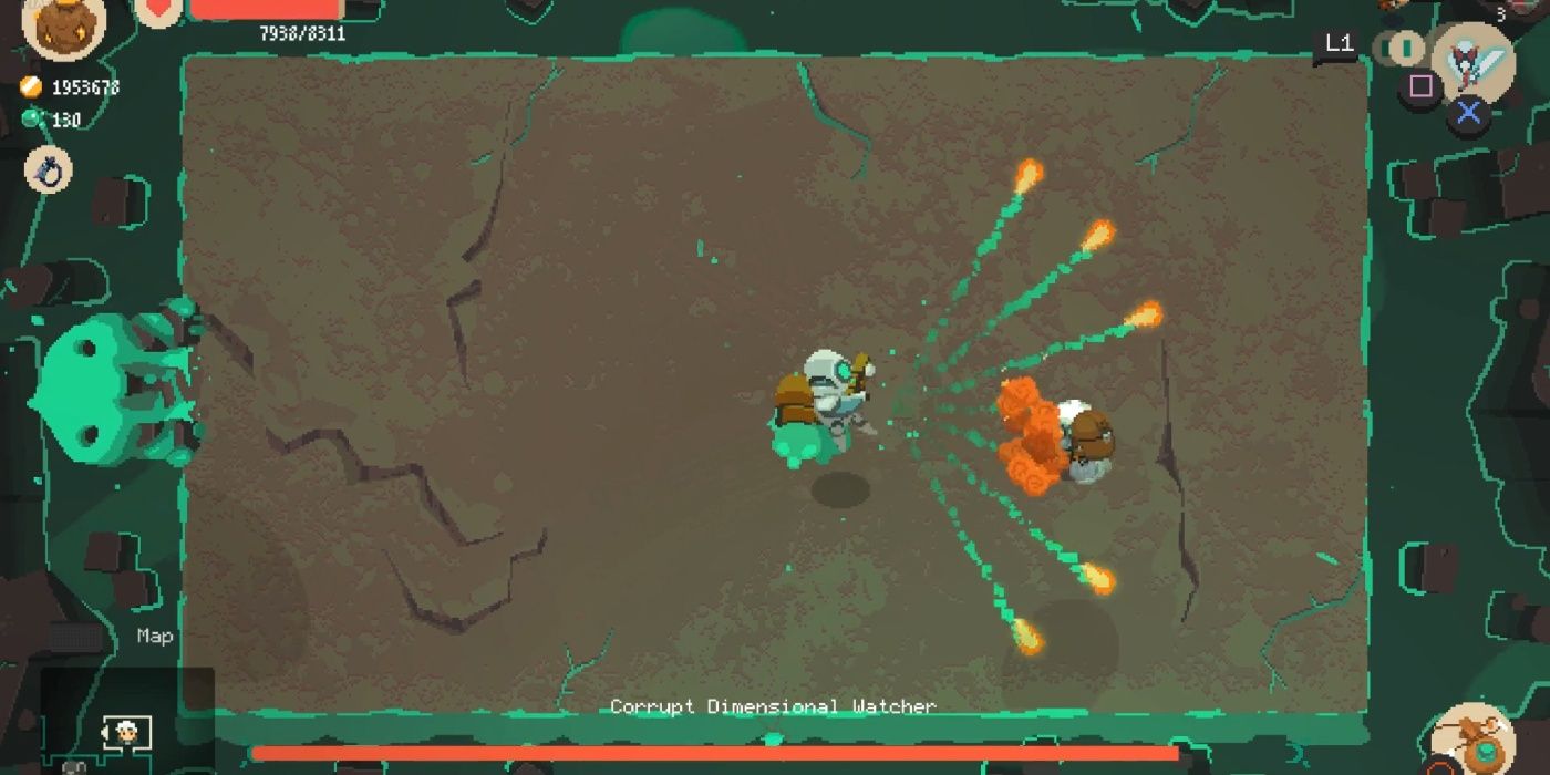 A combat sequence from Moonlighter in a dungeon.