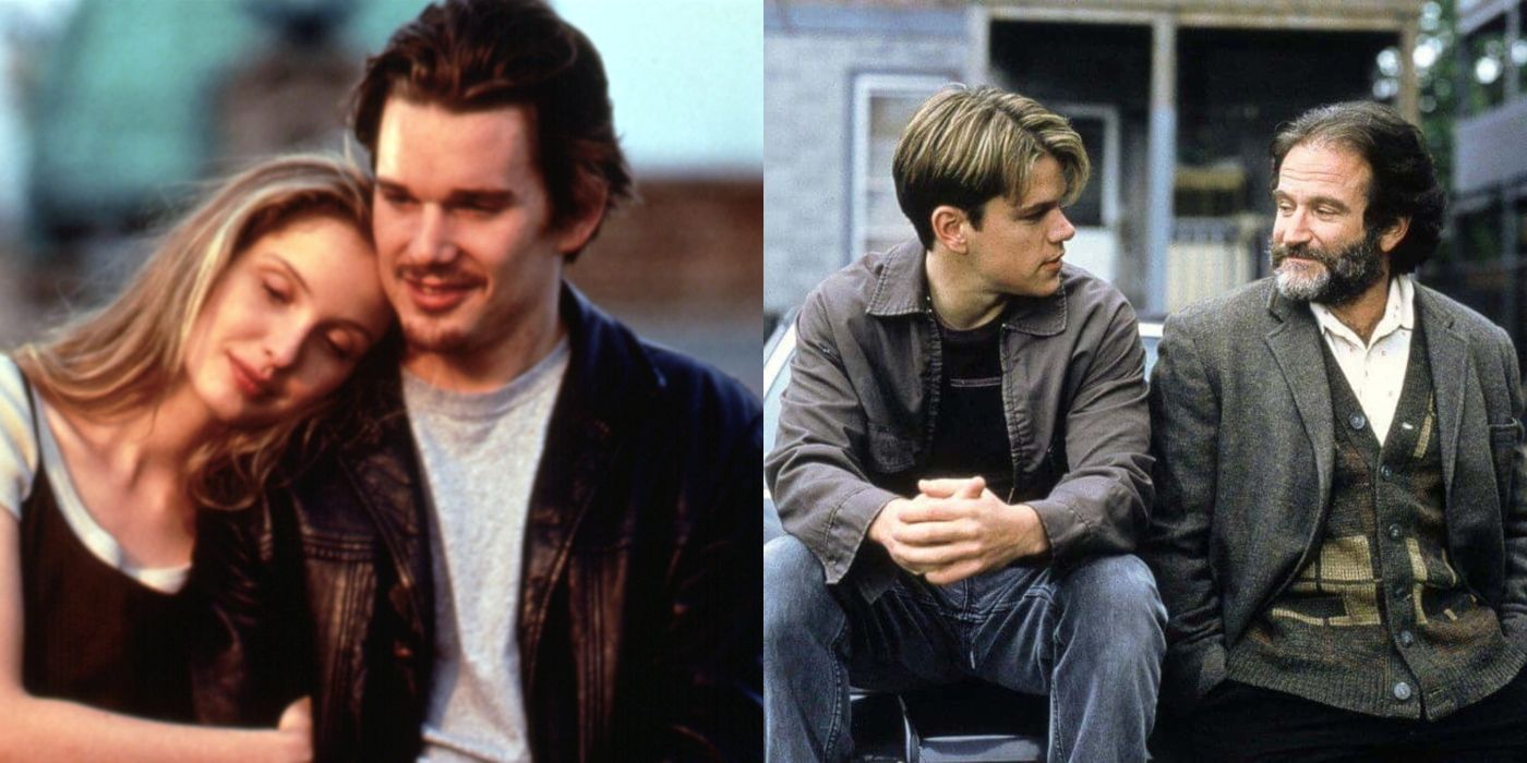Split image of Celine and Jesse in Before Sunrise and Will and Sean in Good Will Hunting