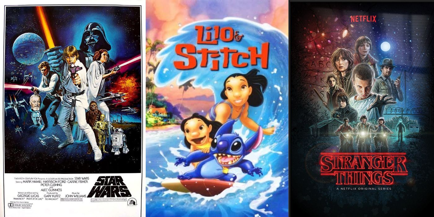 Split Image: Star Wars A New Hope, Lilo and Stitch, and Stranger Things posters