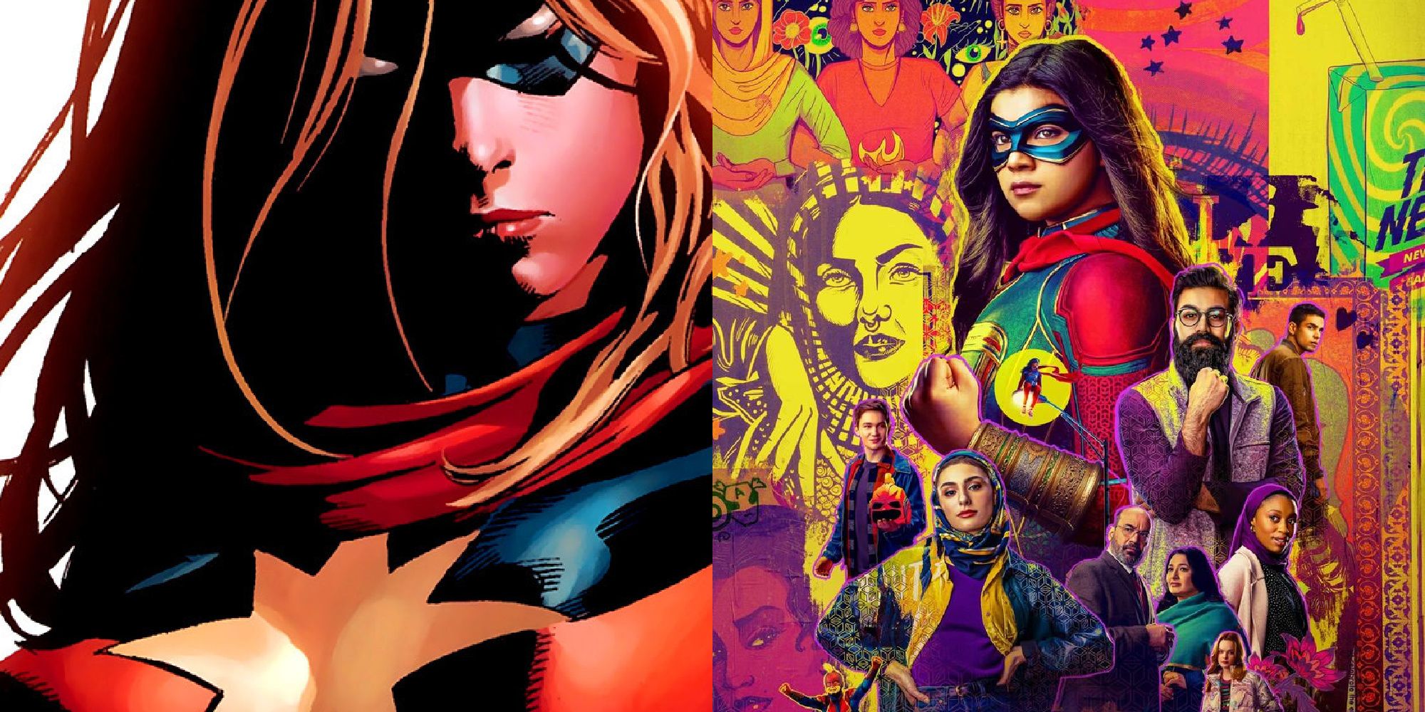 Split image of Karla Sofen as Ms. Marvel in Marvel Comics and the Ms. Marvel MCU poster.