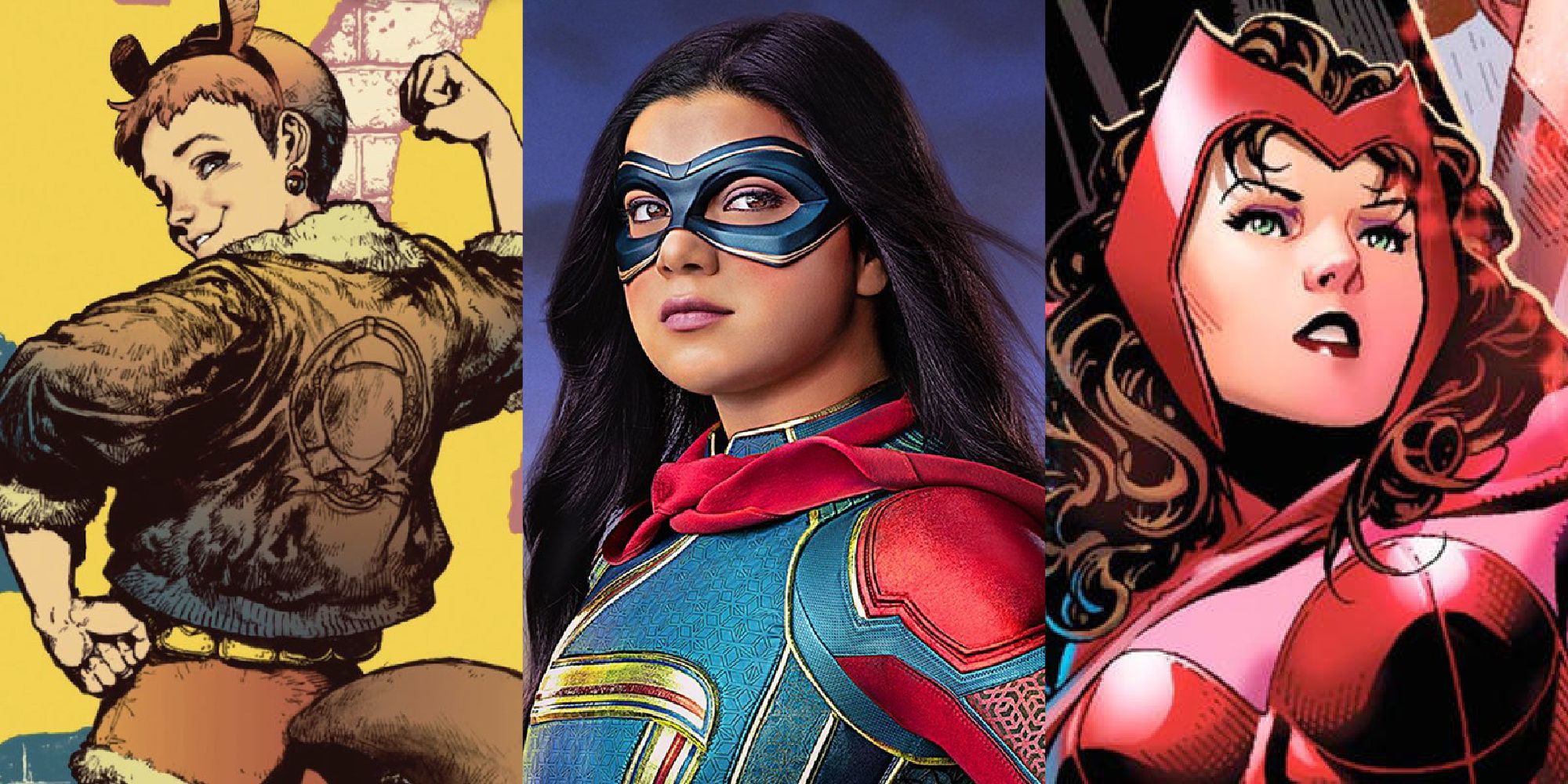 Split image of Squirrel Girl from Marvel Comics, Ms. Marvel from the MCU, and the Scarlet Witch from the comics.