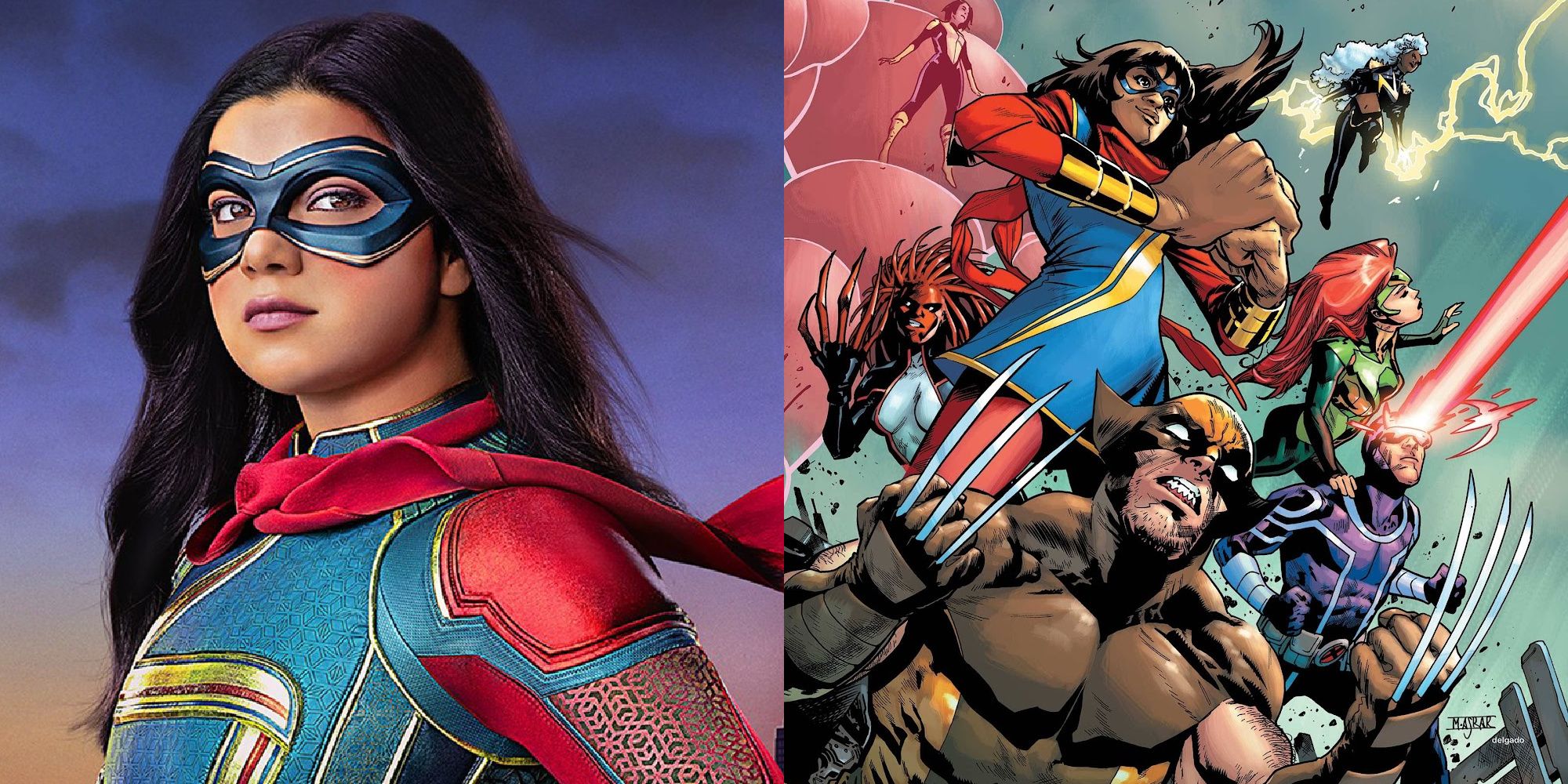 Split image of Ms. Marvel from MCU and Ms. Marvel teaming up with the X-Men in Marvel Comics.