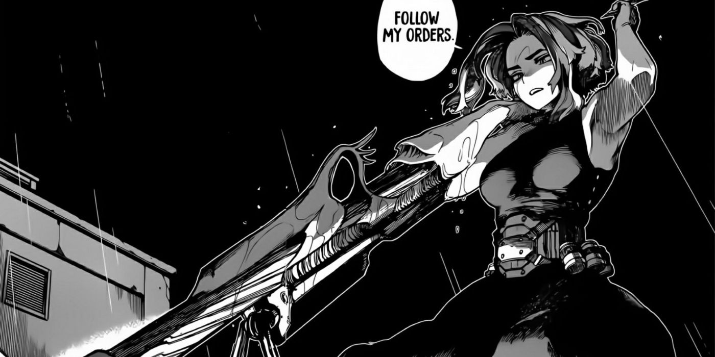 My Hero Academia character and villain Kaina Tsutsumi or Lady Nagant aiming her rifle.