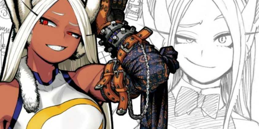 My Hero Academia character Rumi Usagiyama or the Rabbit Hero Mirko shown in Two Pictures, in manga and anime style.