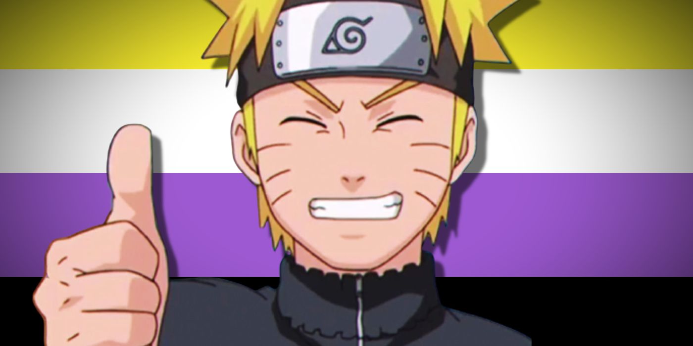 Naruto gives a big thumbs up in front of the non-binary flag.