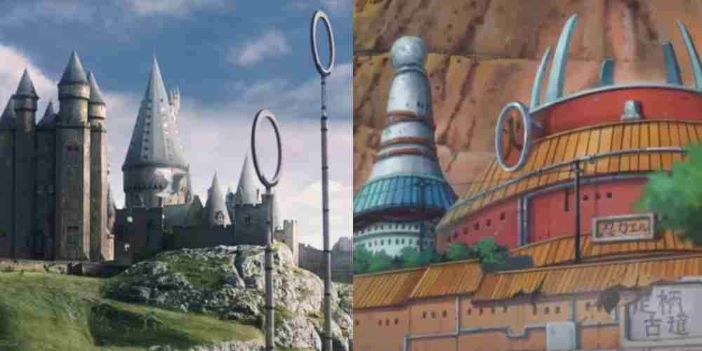 Hogwarts and the Ninja Academy next to each other.