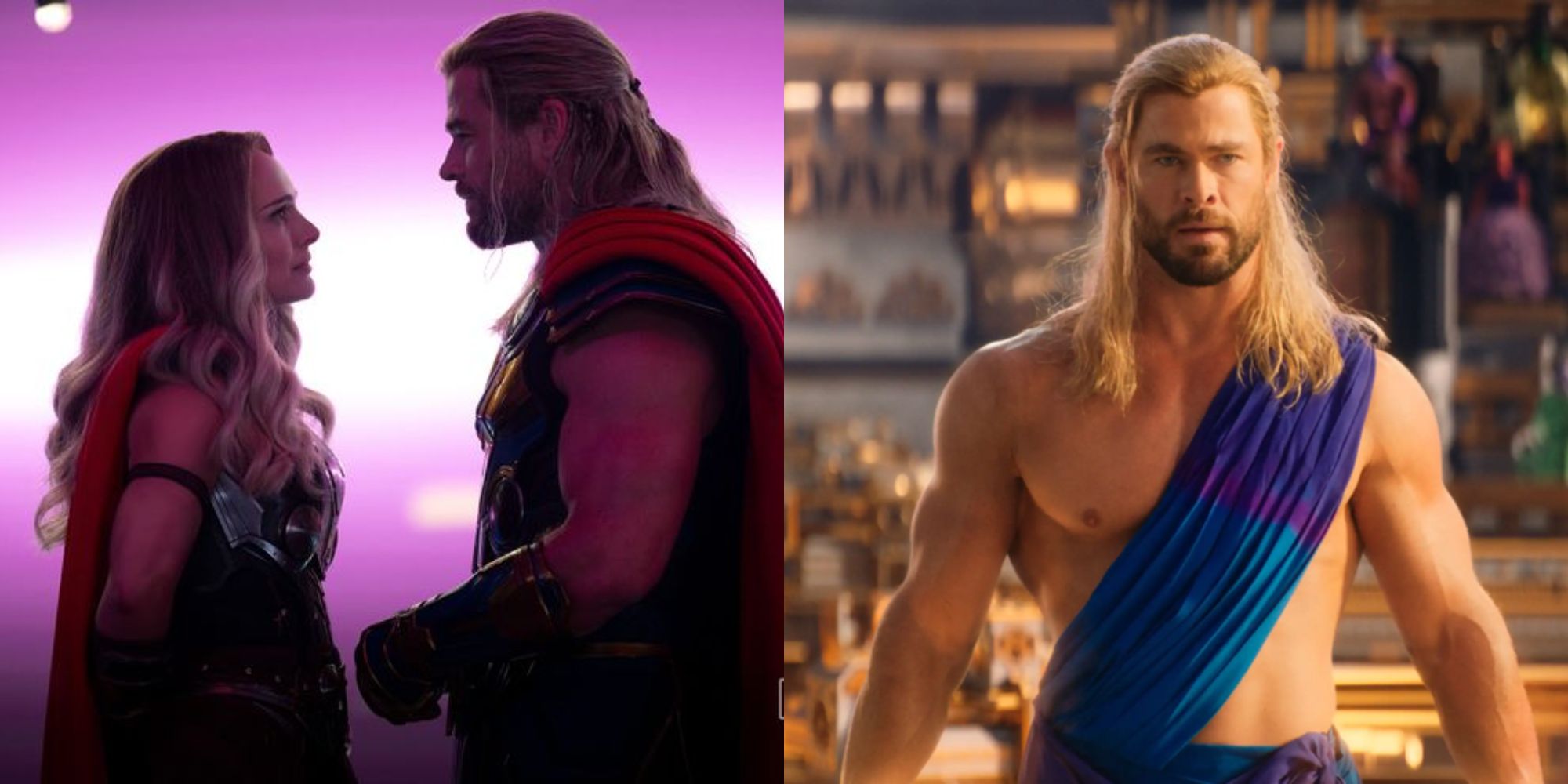 Split image showing Thor and Jane and Thor alone in Thor: Love and Thunder.