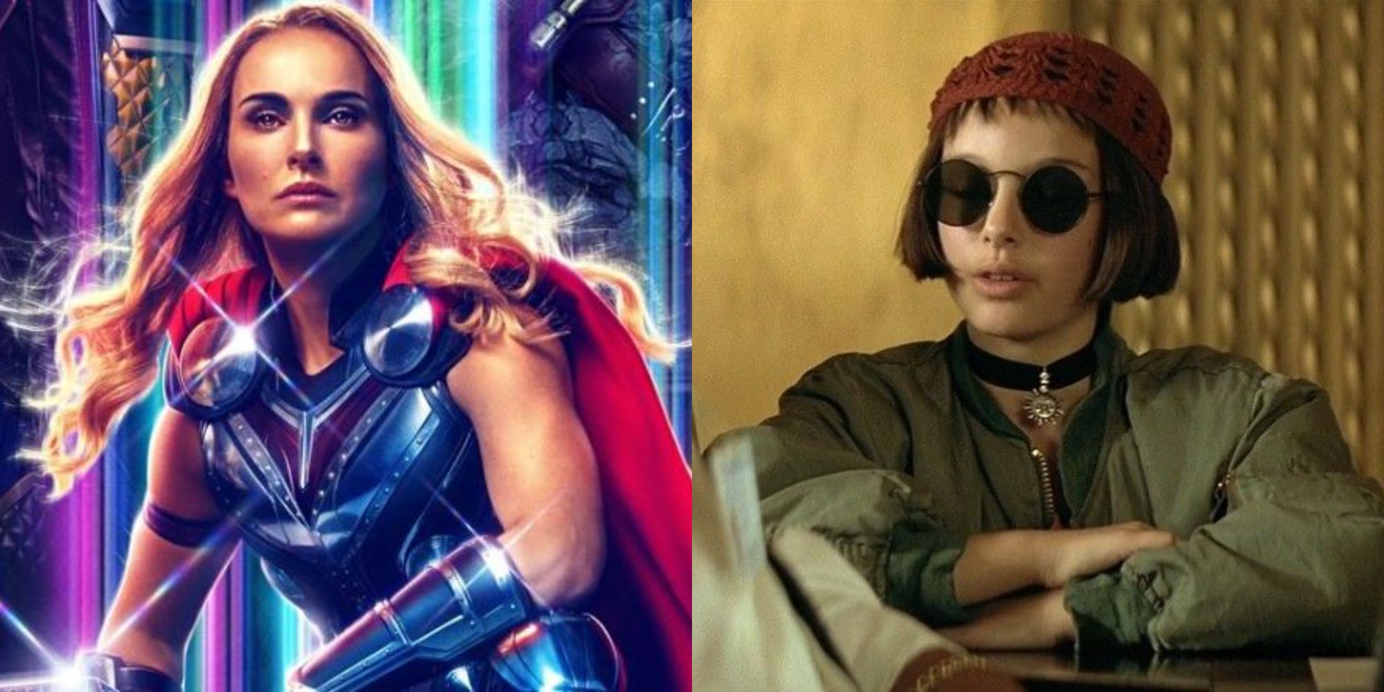 Split image showing Natalie Portman in Thor Love and Thunder and Léon The Professional.