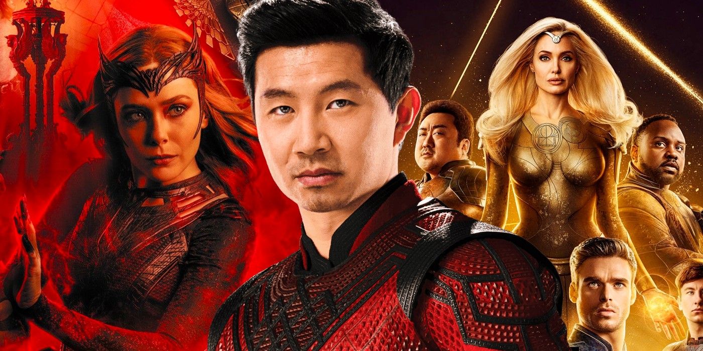 Elizabeth Olsen as Scarlet Witch, Simu Liu as Shang-Chi and Angelina Jolie with Eternals