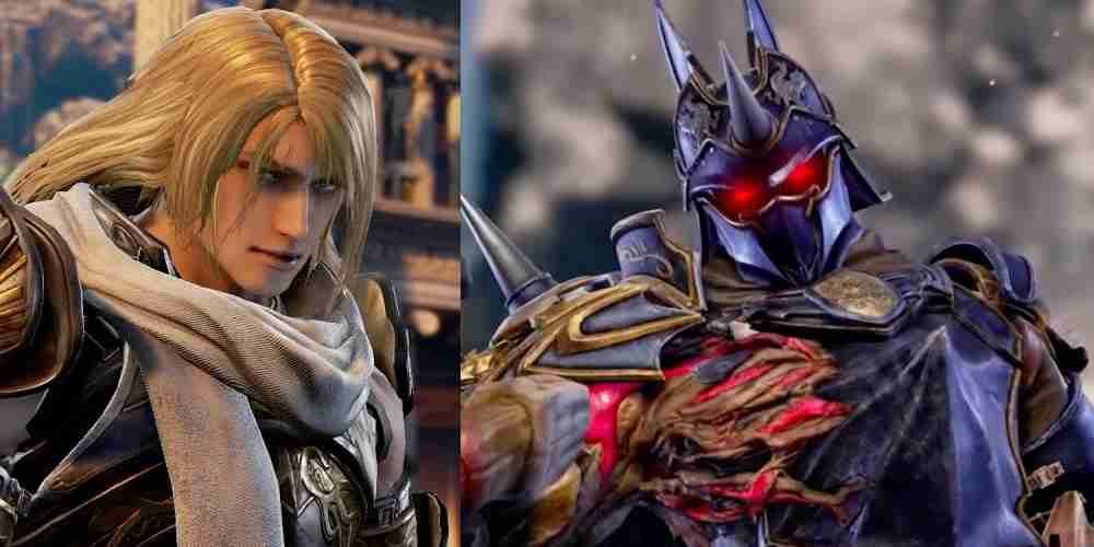 A split image of the terrifying Nighrmare from Soul Calibur and his human part Siegfried.