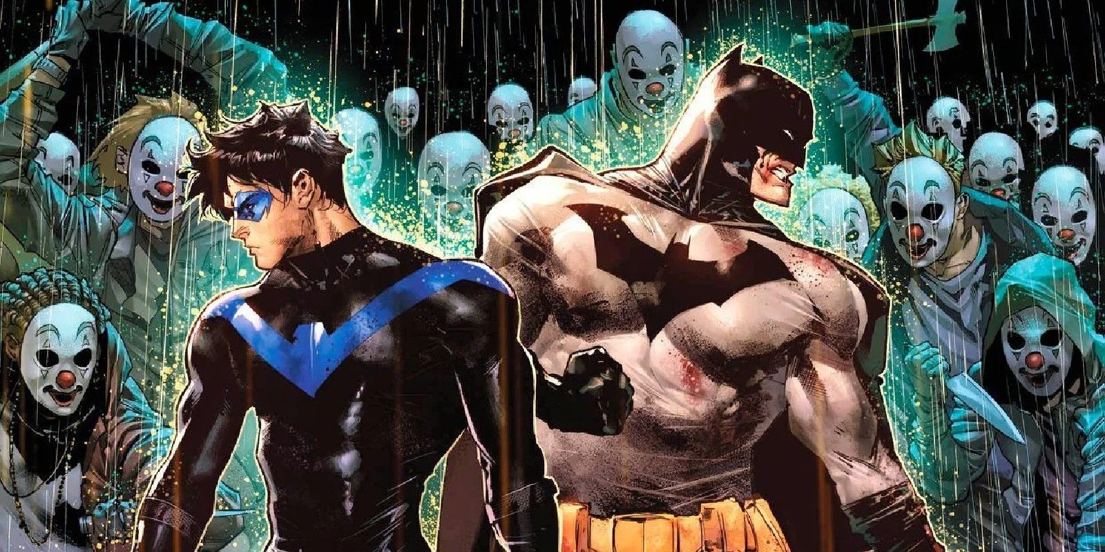 Nightwing and Batman Fight Clowns Back to Back