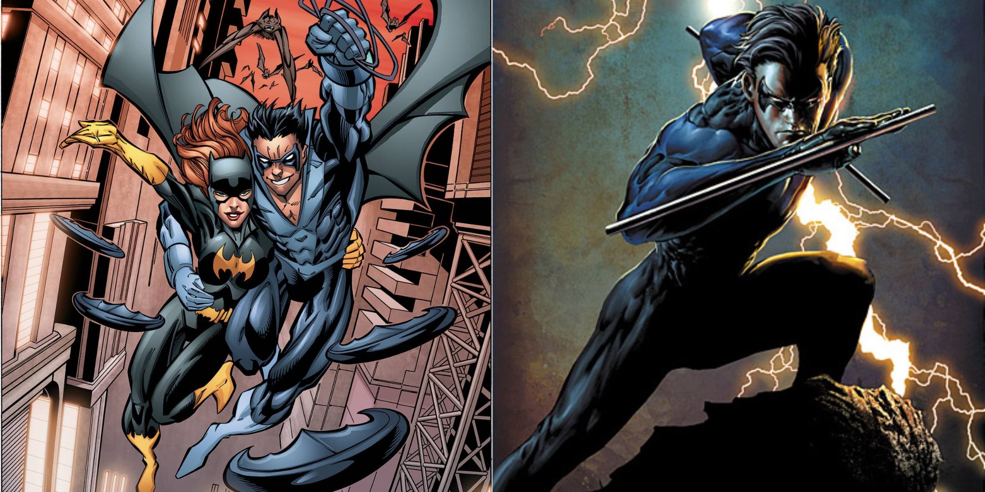 Split image showing Nightwing on the cover of the storylines Year One and The Great Leap.
