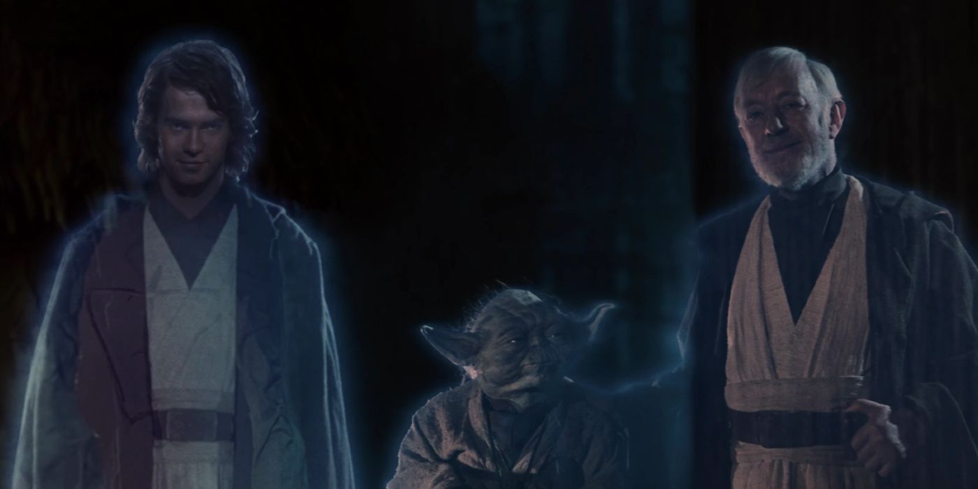 Obi-Wan Kenobi, Anakin Skywalker, and Yoda as Force Ghosts in Star Wars