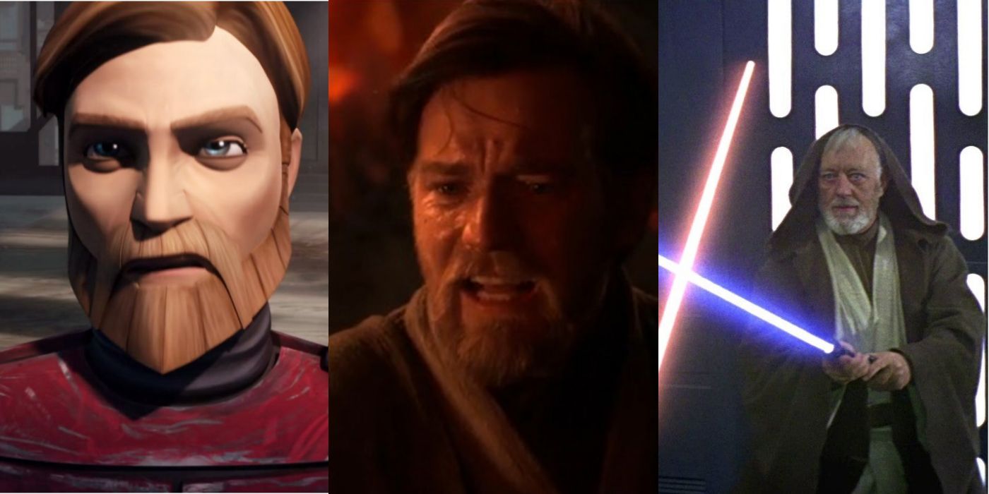 Split image of Obi-Wan in Clone Wars, Revenge of the Sith and A New Hope