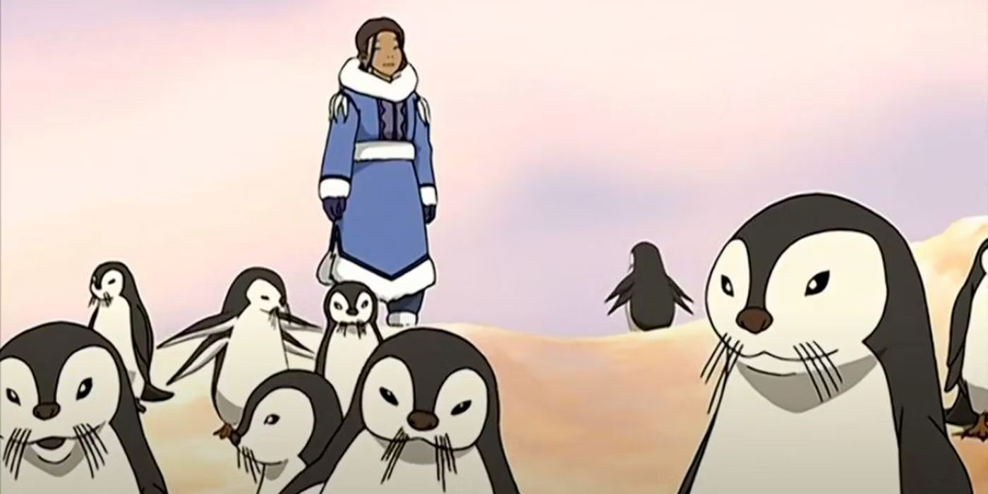 Katara looking at a herd of Otter Penguins in Avatar