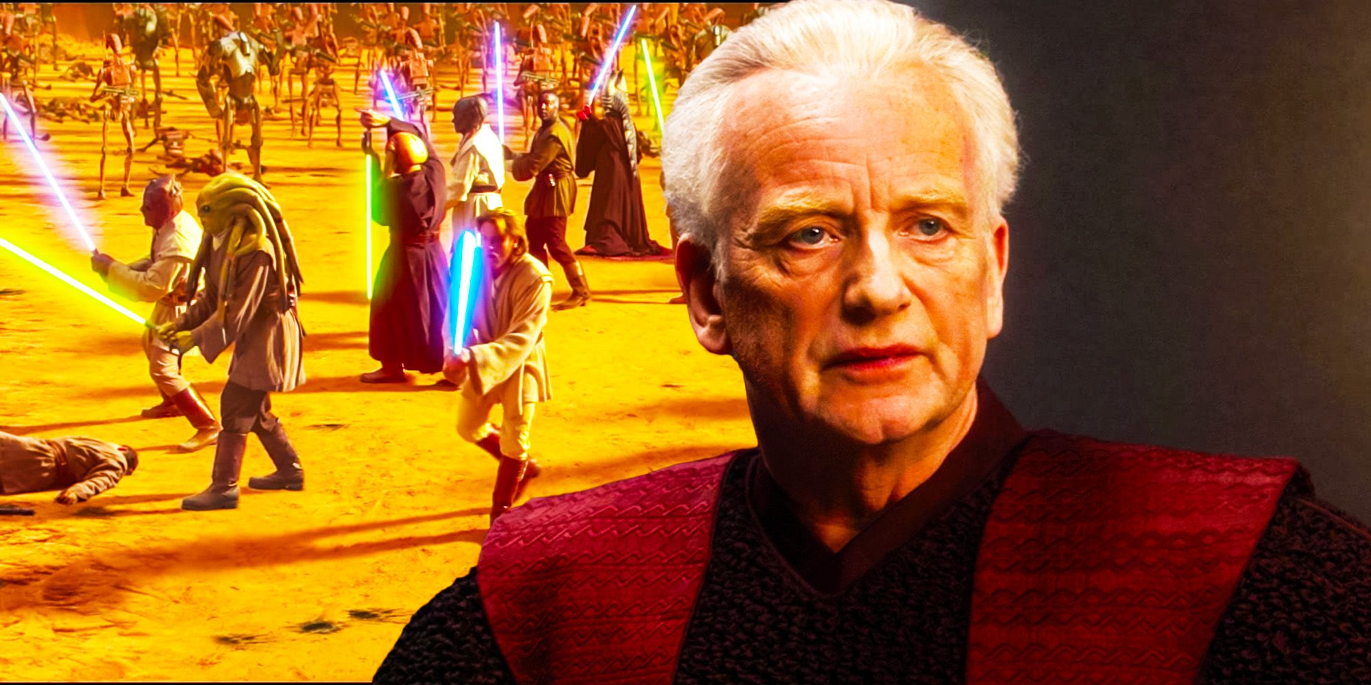 Palpatine in star wars revenge of the sith and the jedi fighting on geonosis in attack of the clones