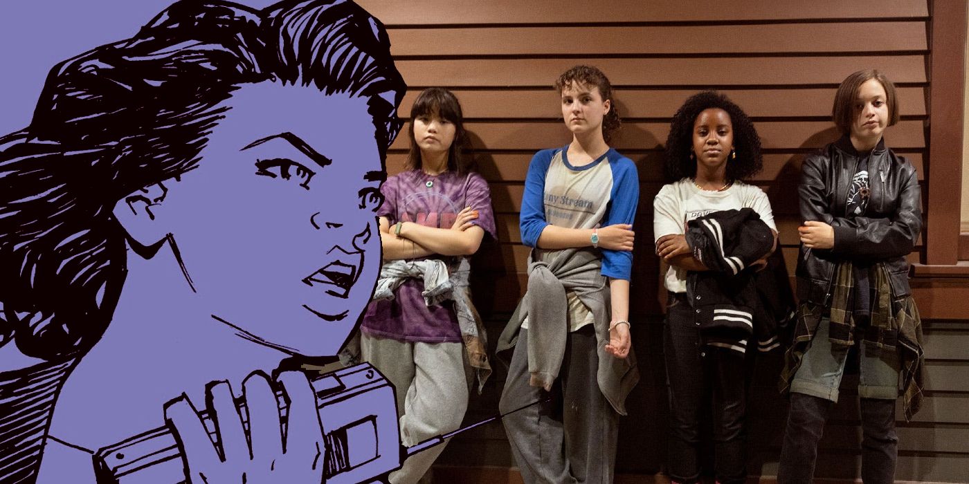 Paper Girls comic panel next to the four girls