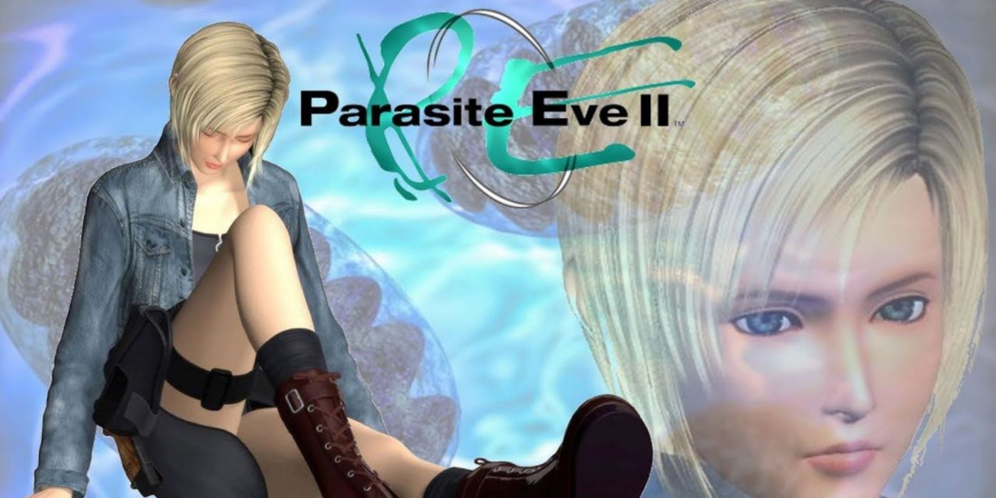 Aya Brea sitting somberly in Parasite Eve II key art.