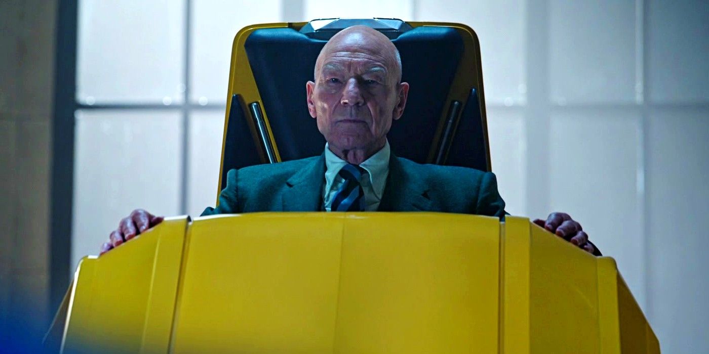 Patrick Stewart as Professor X wearing green suit and in large yellow chair in Doctor Strange in the Multiverse of Madness