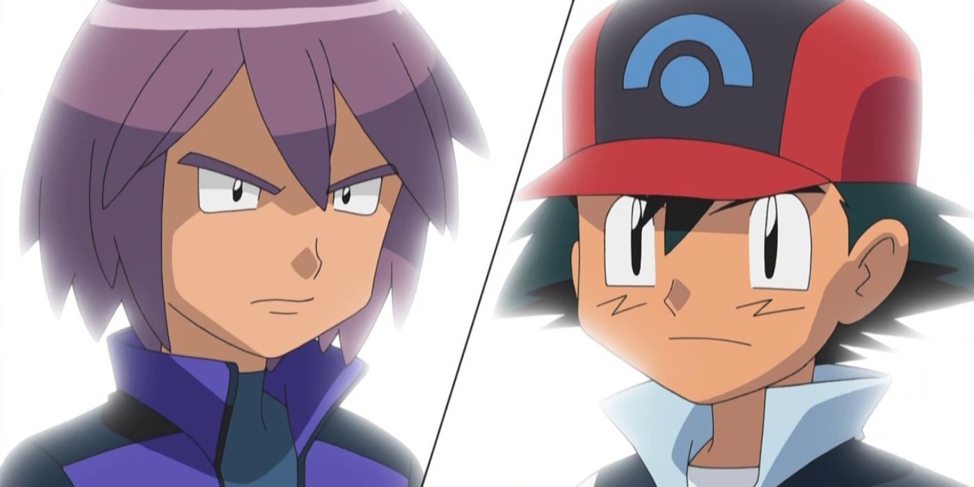 Paul and Ash stare at each other while in battle in Pokemon