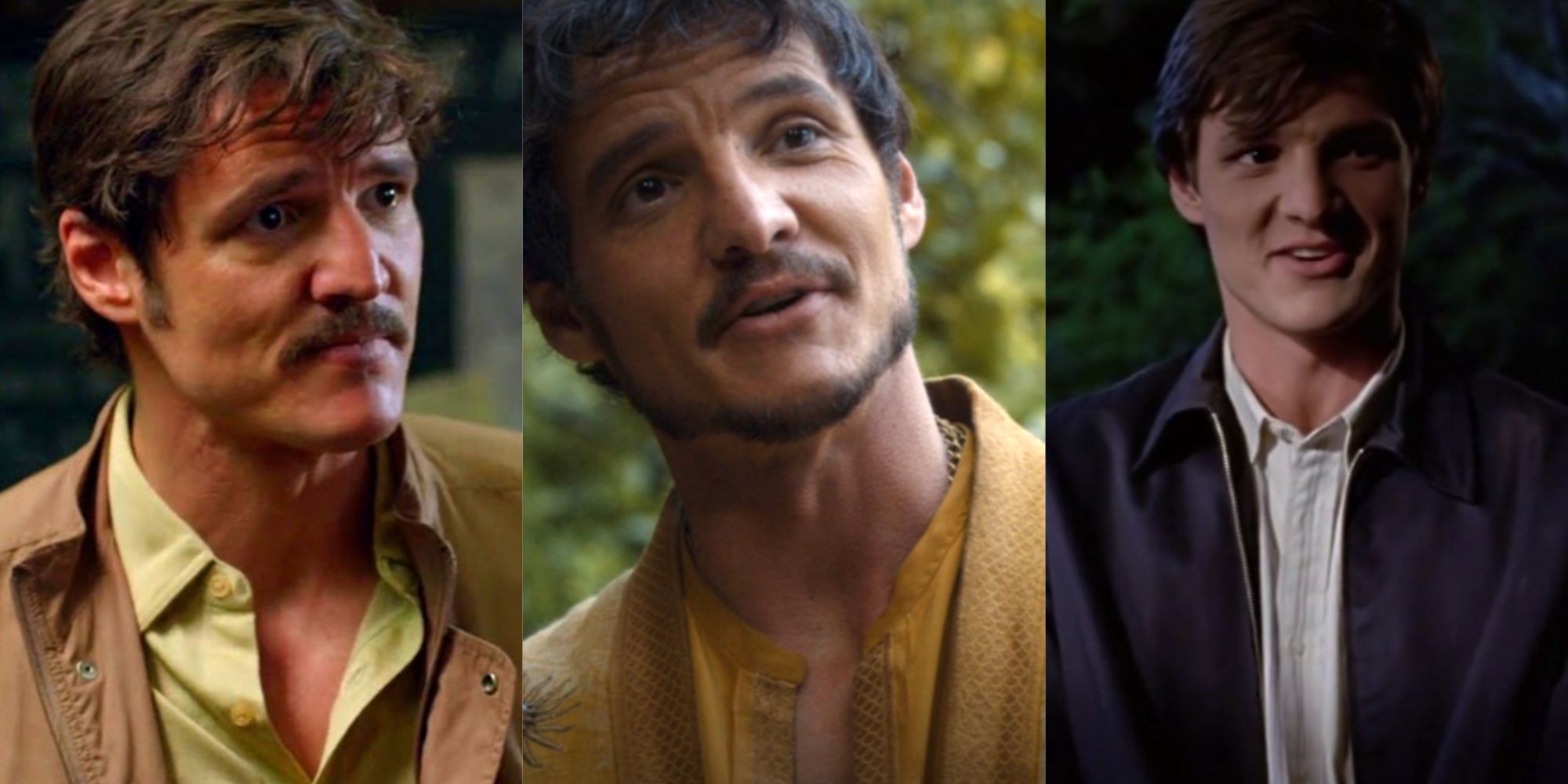 A split image of Pedro Pascal in Narcos, Game of Thrones, and Buffy the Vampire Slayer.