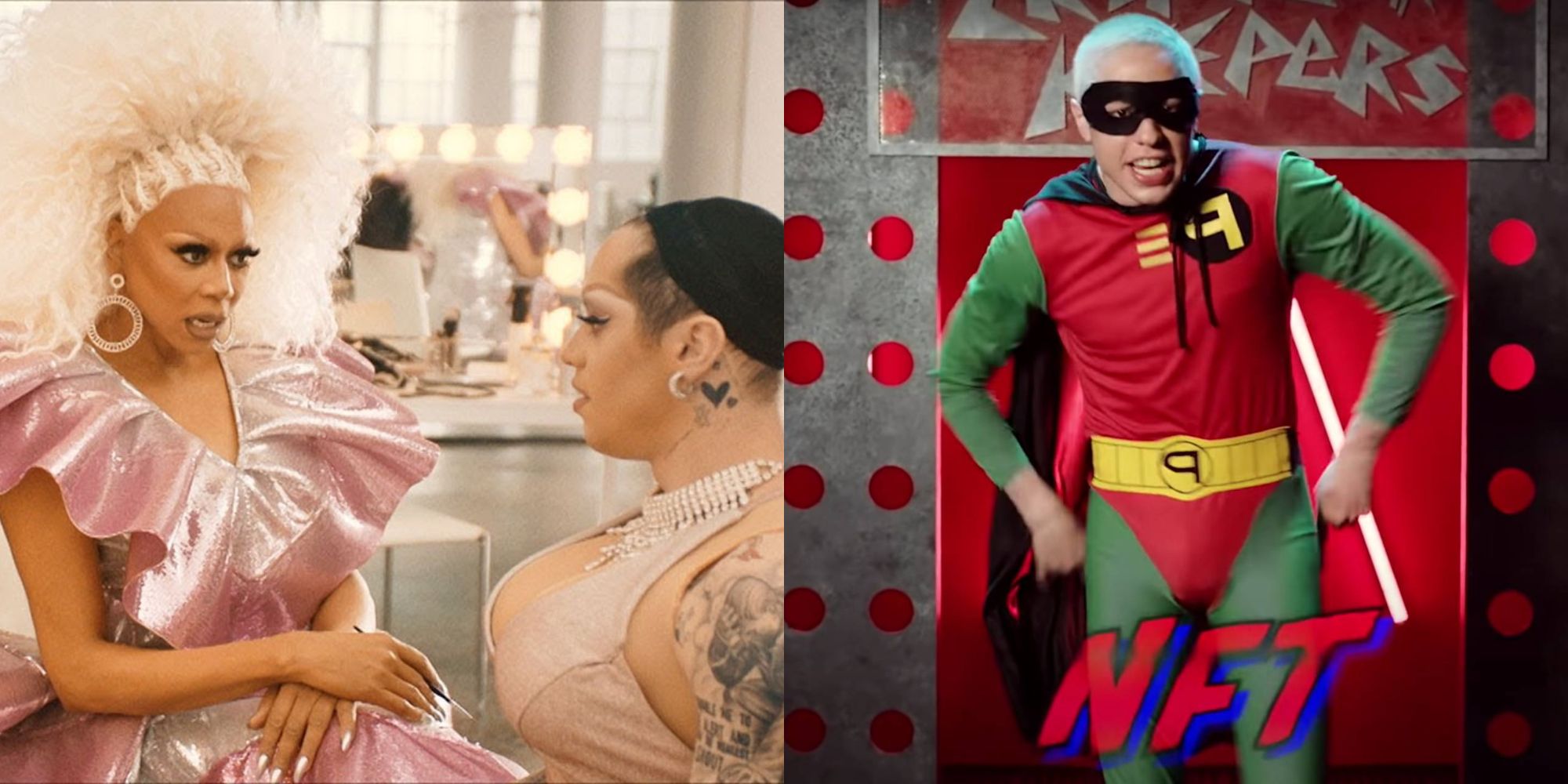Split image showing Pete Davidson with RuPaul and alone in two SNL sketches.