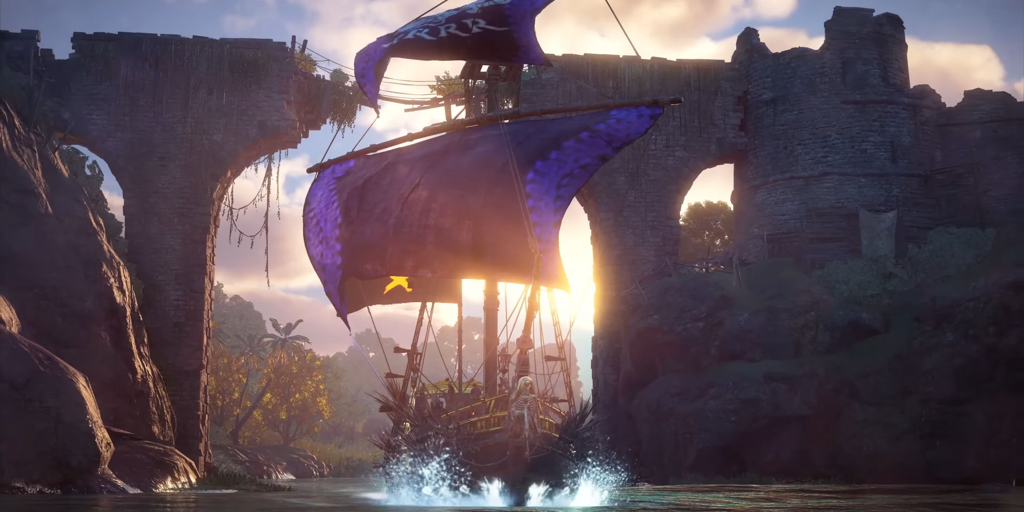 Pirate ship sailing through ancient ruins in Skull &amp; Bones