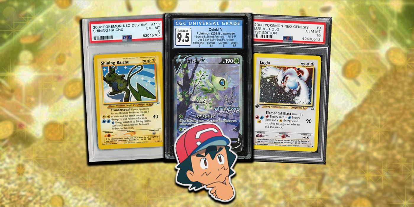 Three different graded Pokemon cards above a sticker of Ash thinking on a gold background