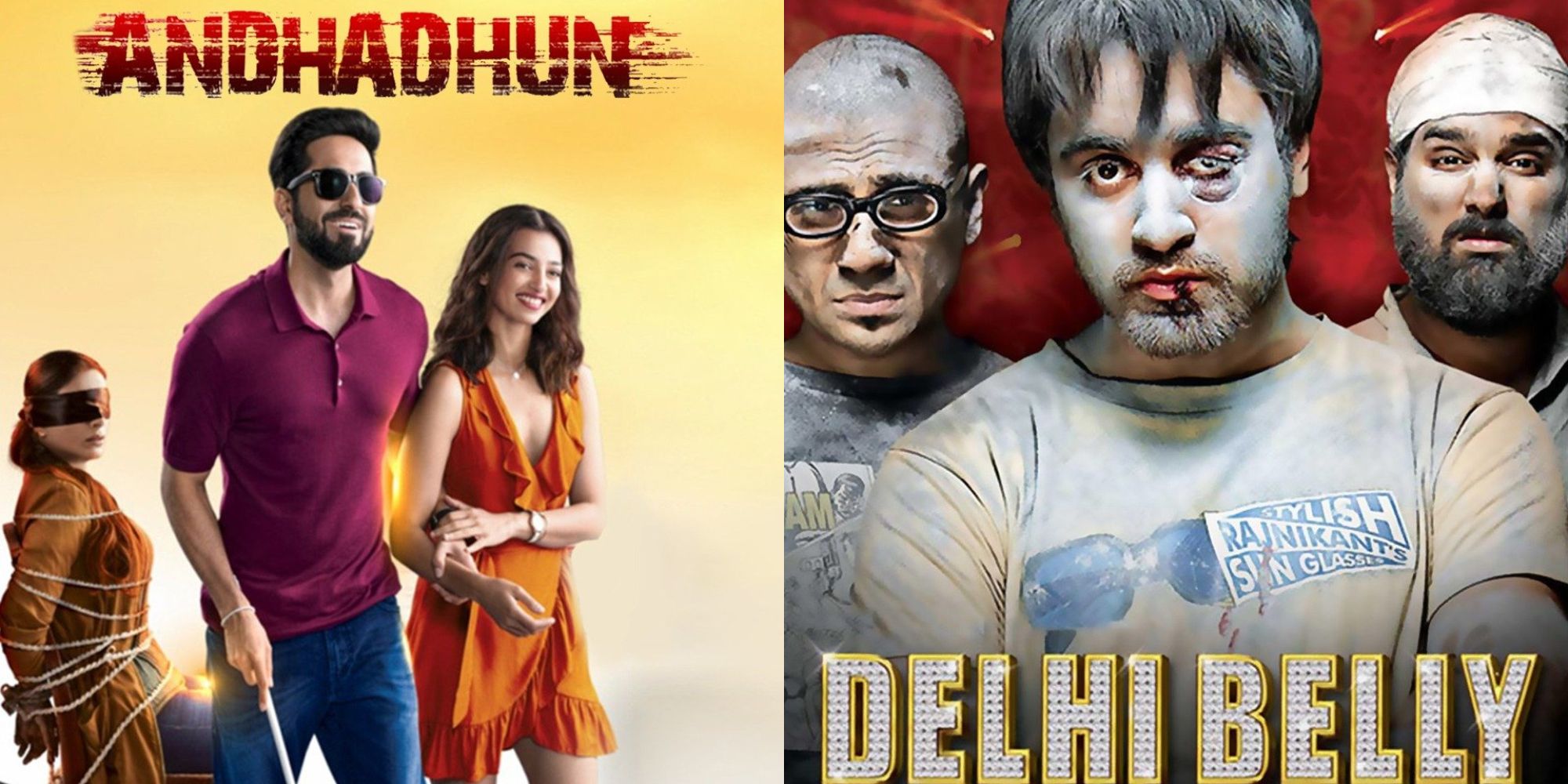 Split image showing posters for Andhadhun and Delhi Belly.