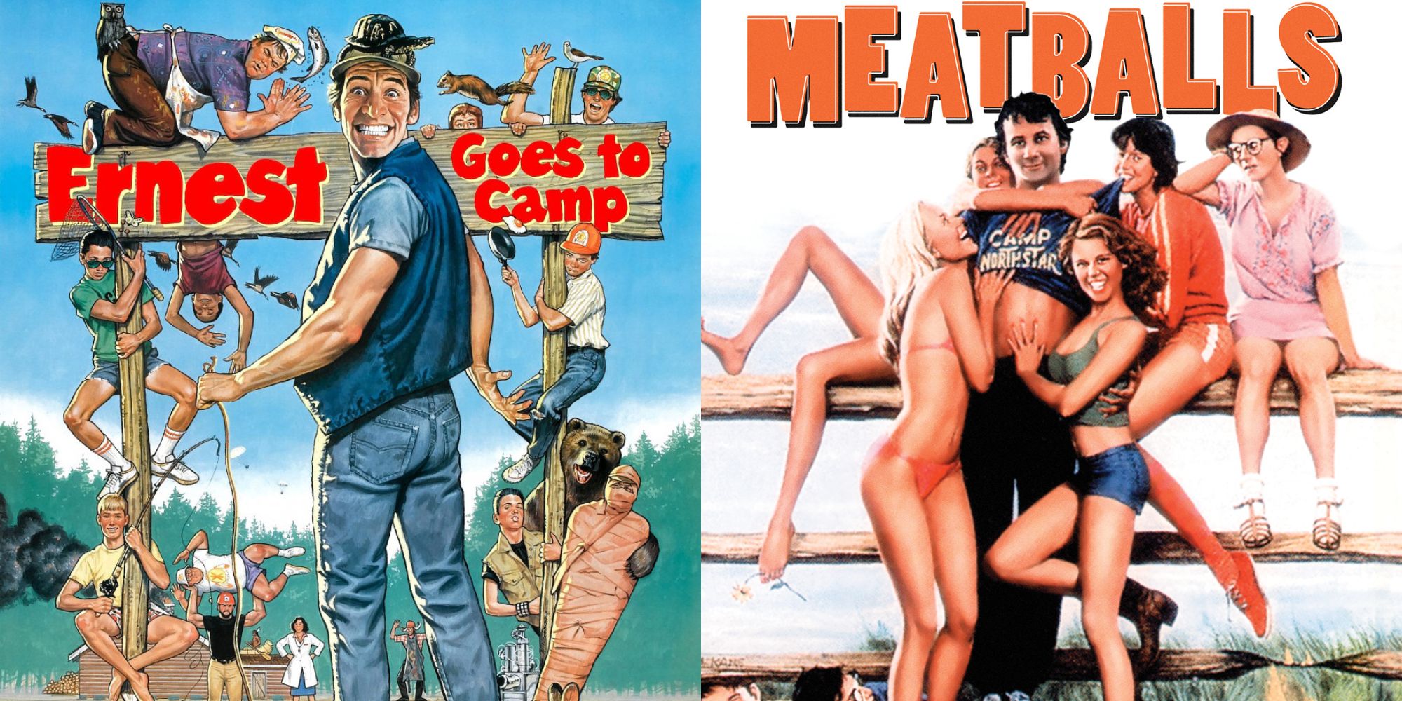 Split image showing posters for Ernest Goes to Camp and Meatballs.