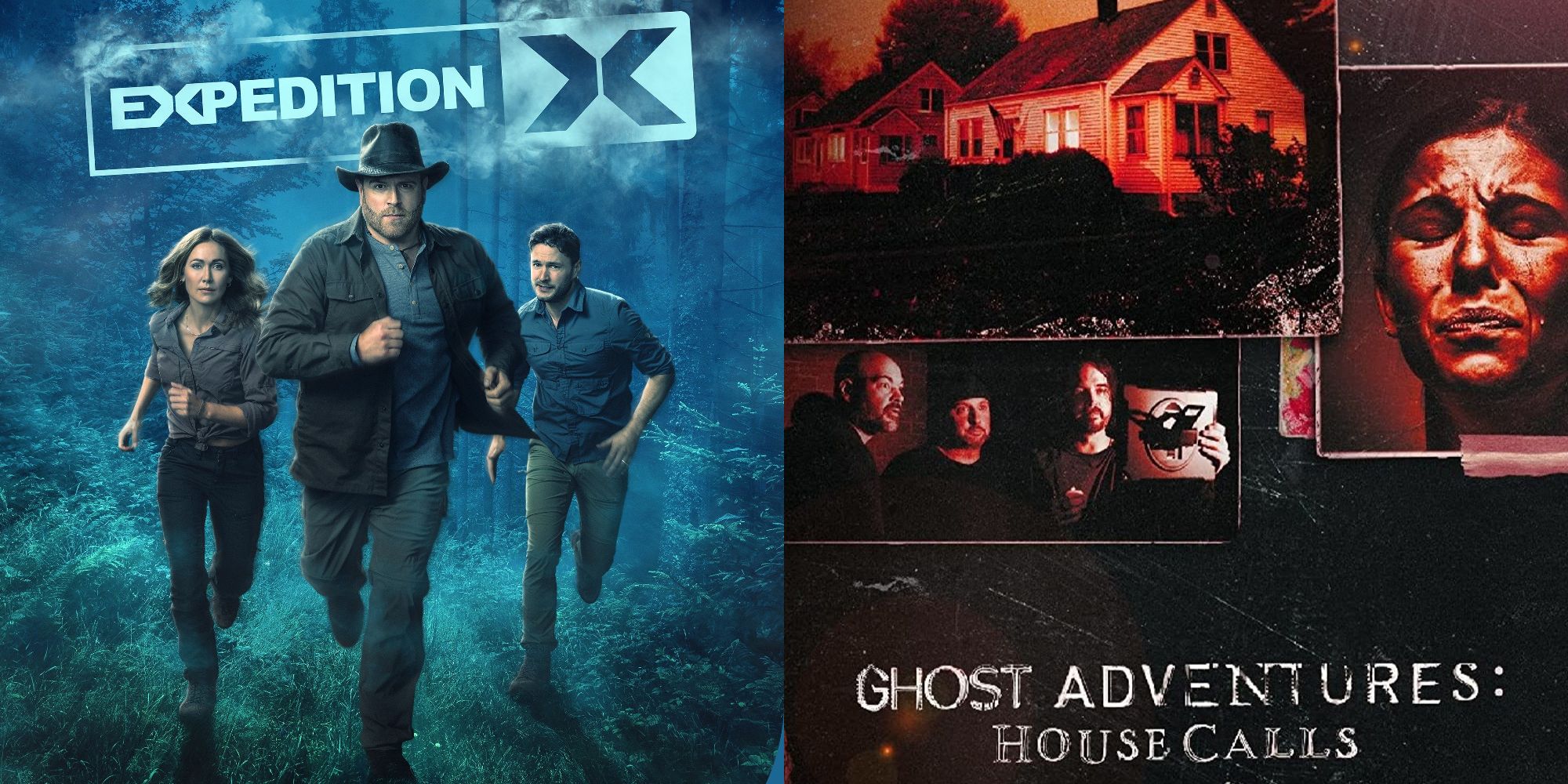 Split image showing posters for Expedition X and Ghost Adventures House Calls.
