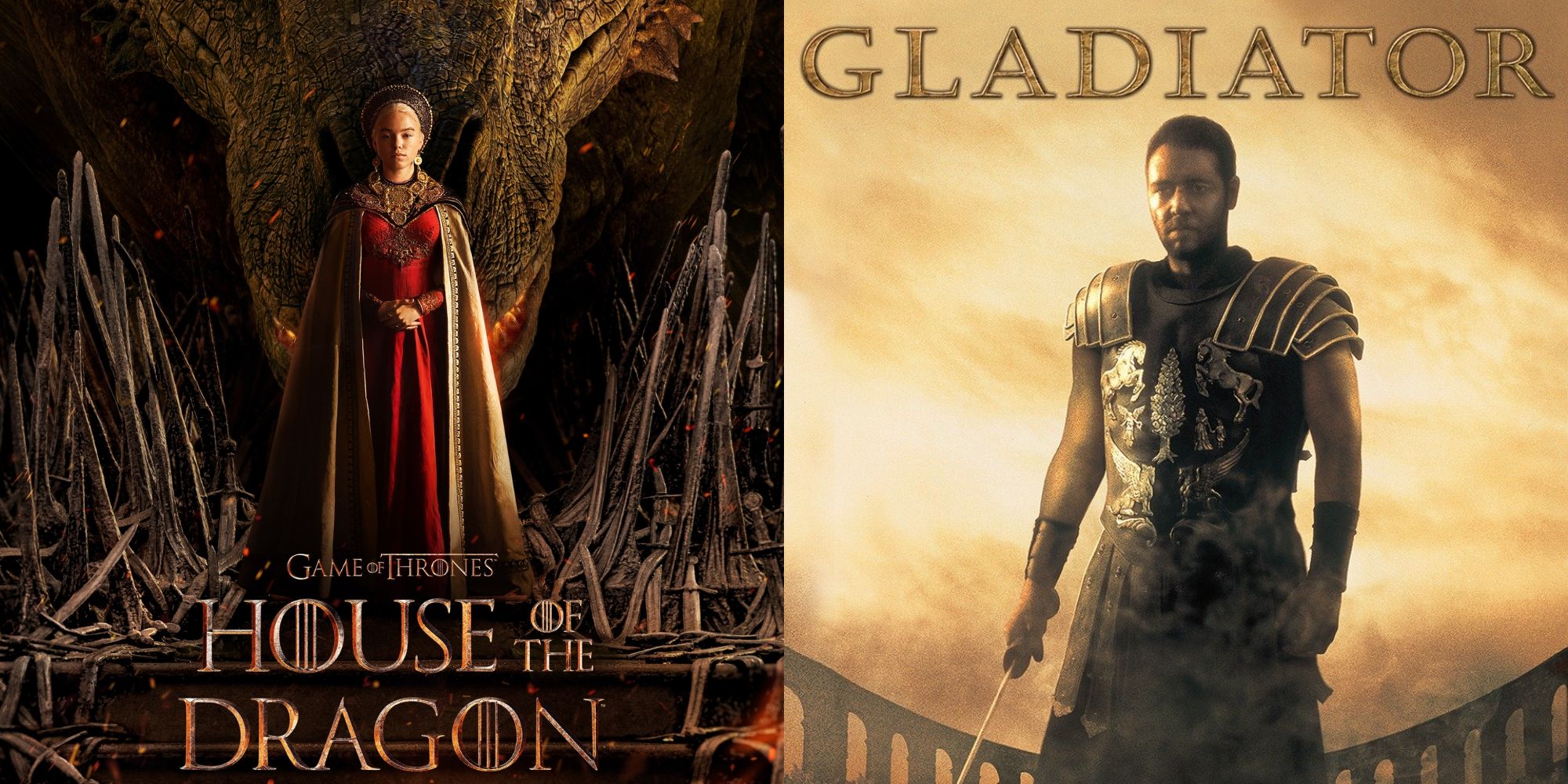 Split image showing posters for House of the Dragon and Gladiator.
