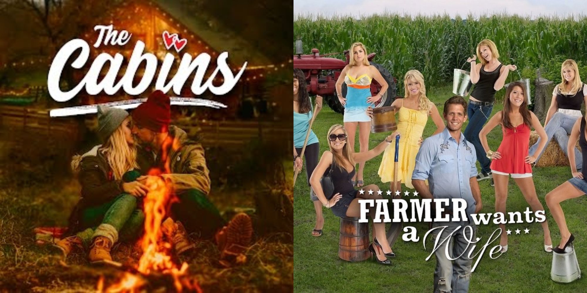 Split image showing posters for The Cabins and Farmer Wants A Wife.