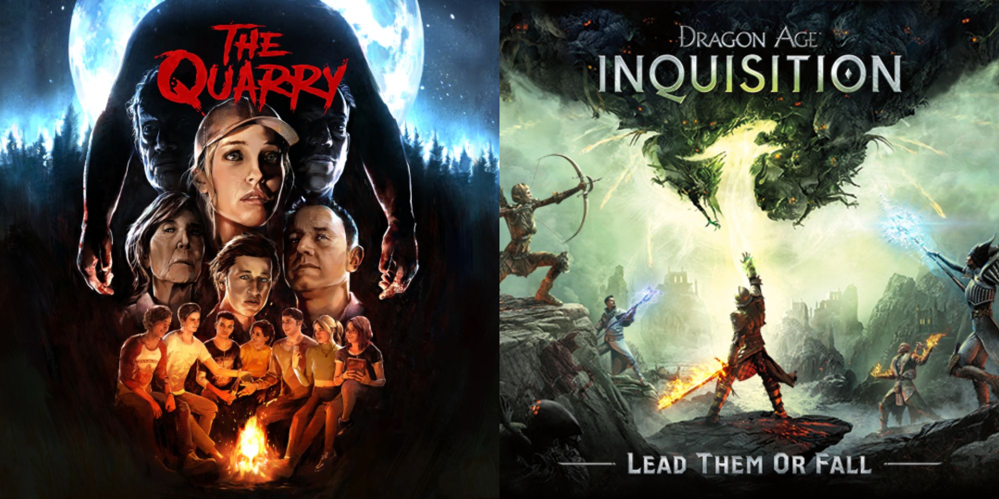 Split image showing posters for The Quarry and Dragon Age Inquisition.