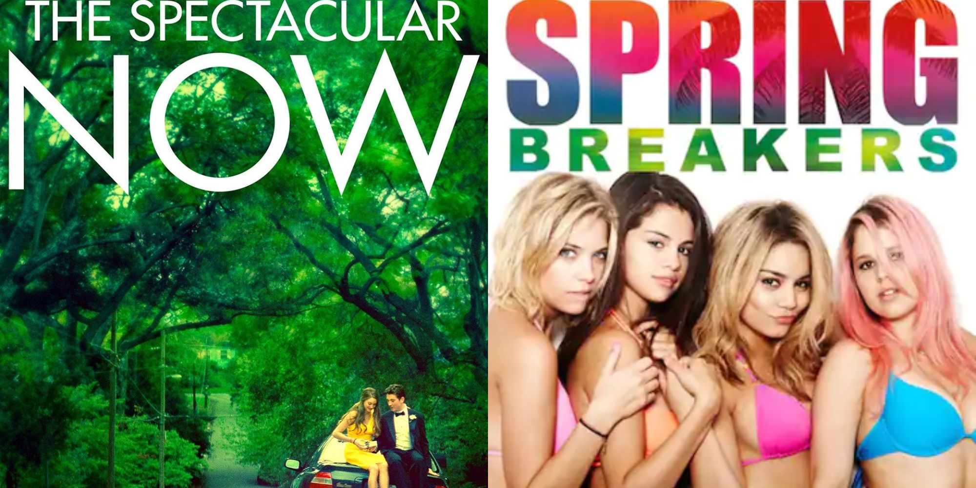 Split image showing posters for The Spectacular Now and Spring Breakers.