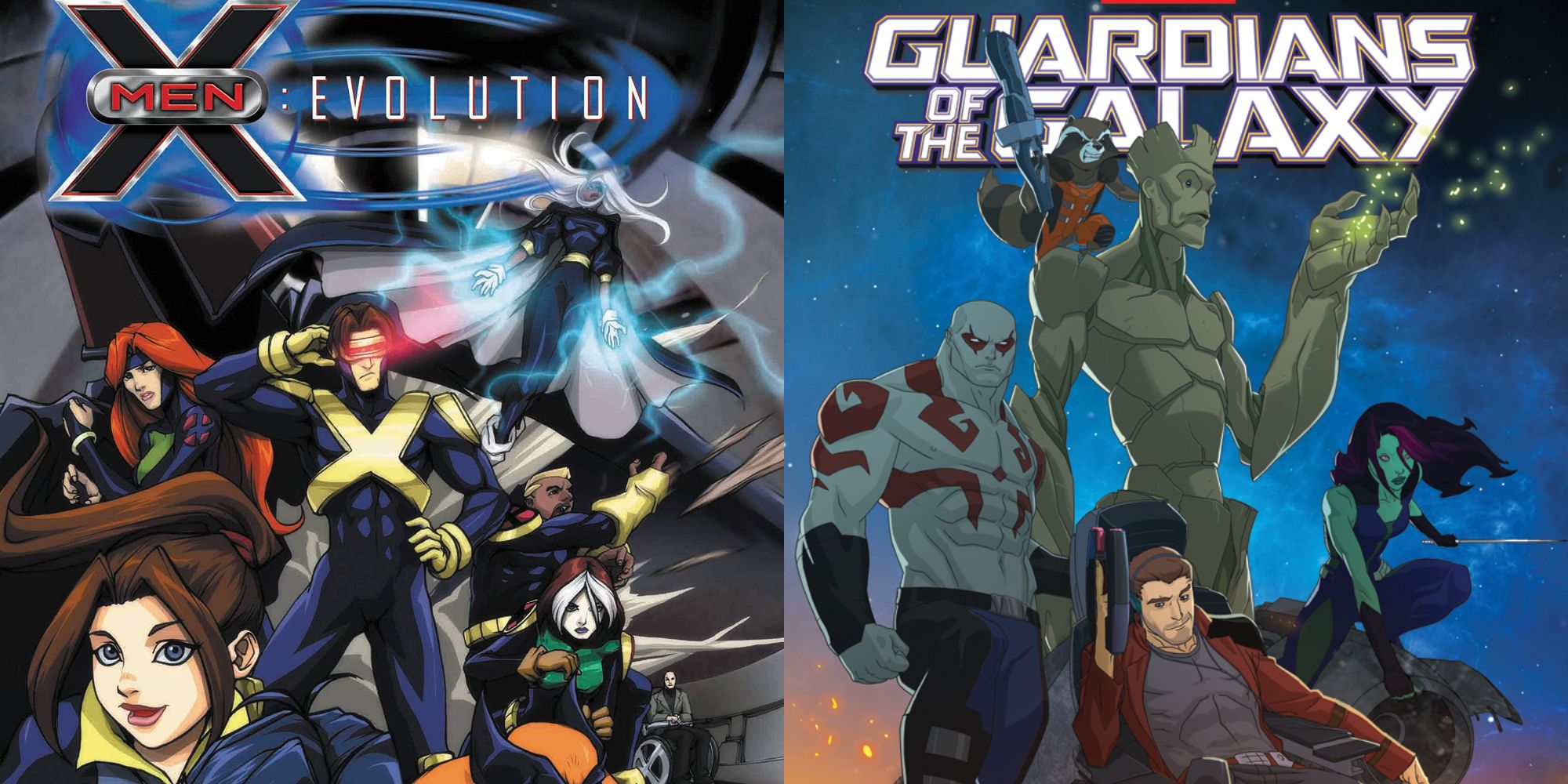 Split image showing posters for X-Men Evolution and Guardians of the Galaxy.
