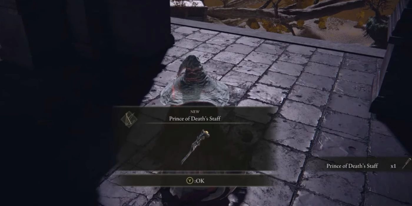 The player character finding the Prince of Death's Staff in Elden Ring.