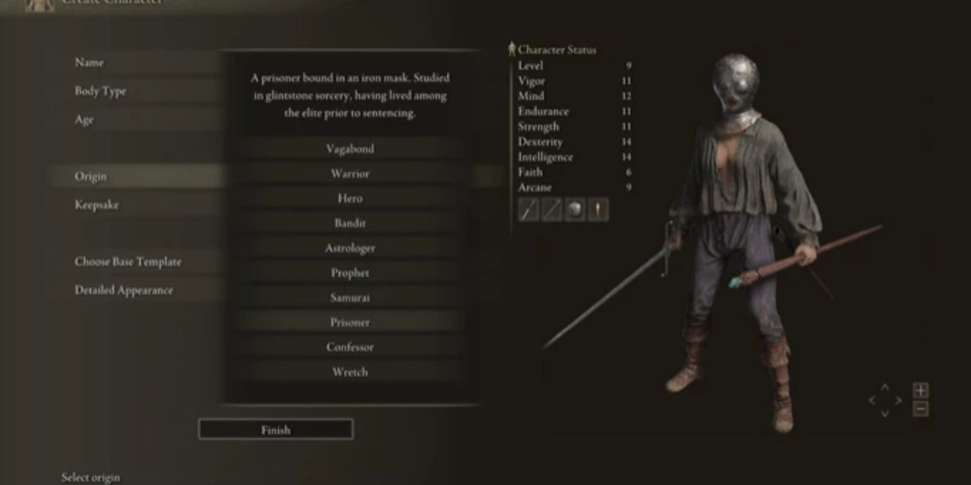 The Prisoner in Elden Ring's character creator holding a Glintstone Staff and Estoc.