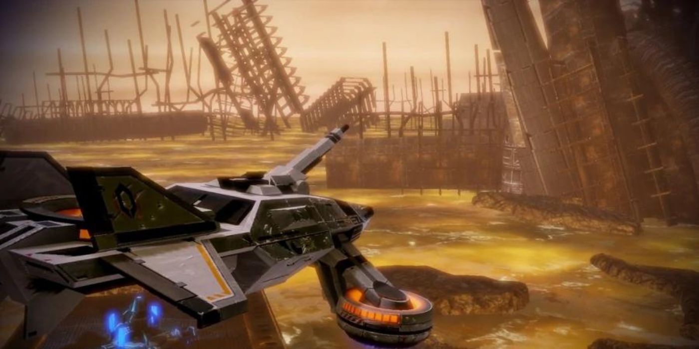 A spaceship in a deserted planet in Mass Effect 2.
