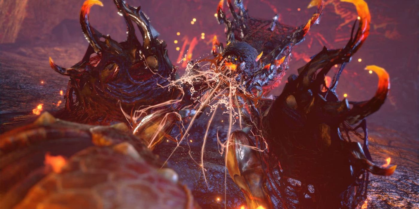 A Pyre Rakna-Kadaki spitting silk on a volcanic terrain in Monster Hunter Rise.