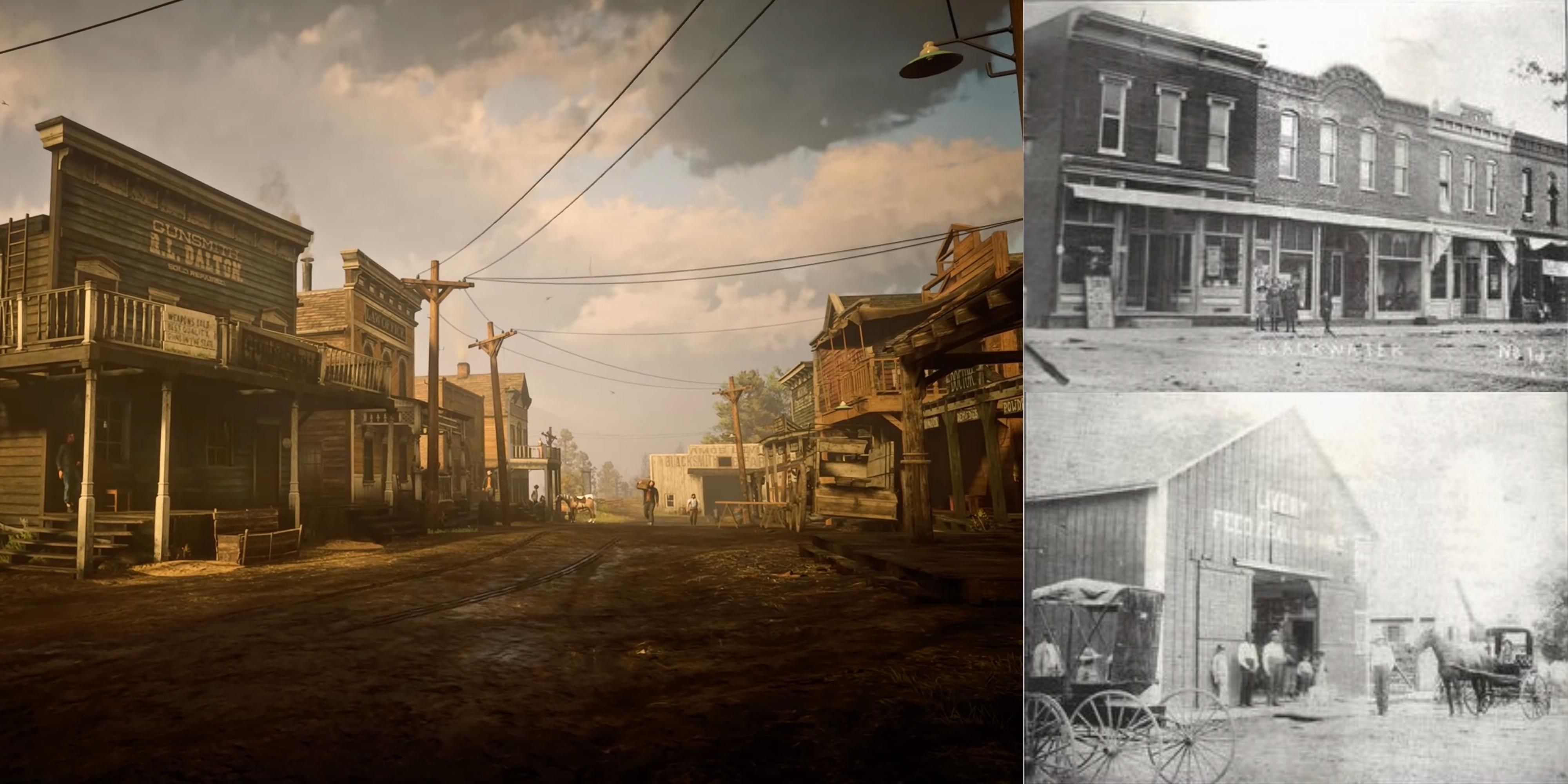 Side by side Red Dead Redemption 2's Blackwater and real life Blackwater