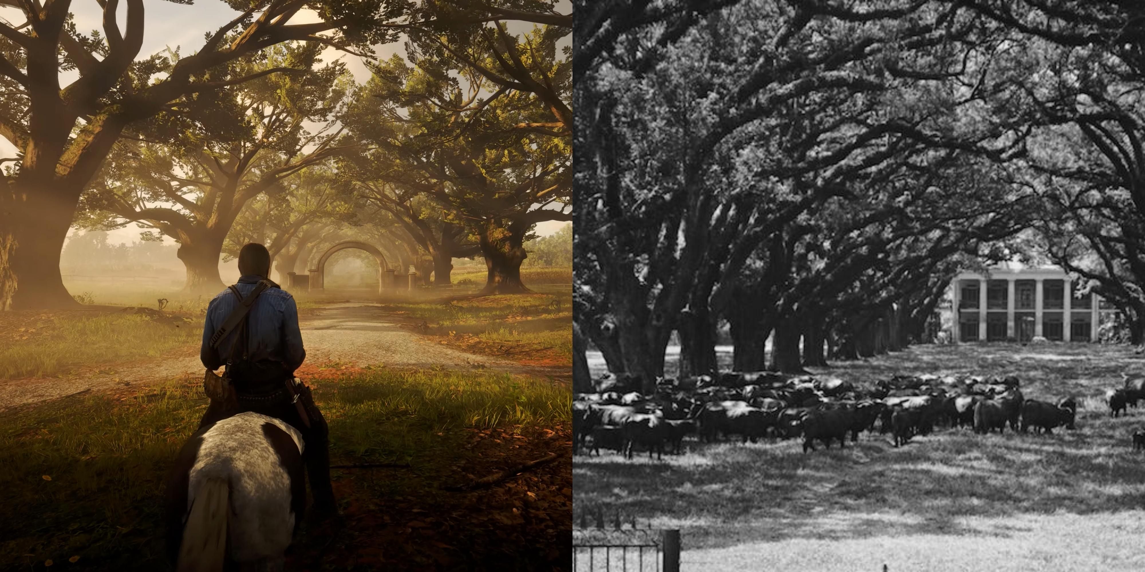 Side by side comparison of RDR2's Braithwaite Manor and Oak Alley Plantation