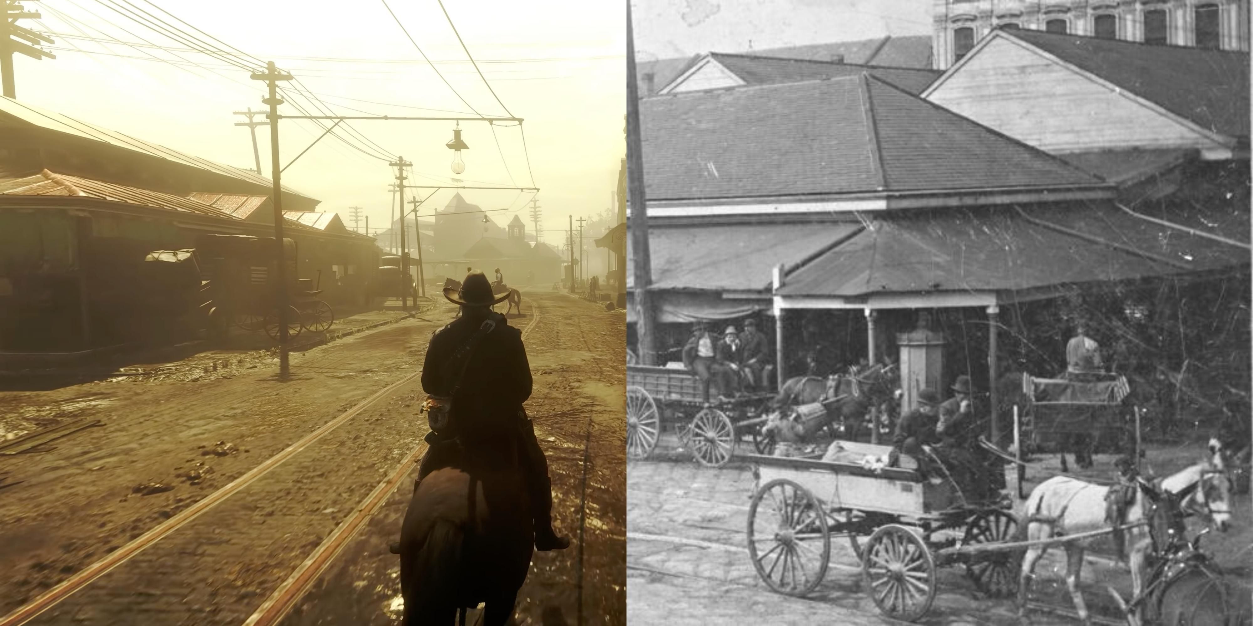 Side by side comparison between RDR2 Saint Denis and New Orlean's markets 1890s