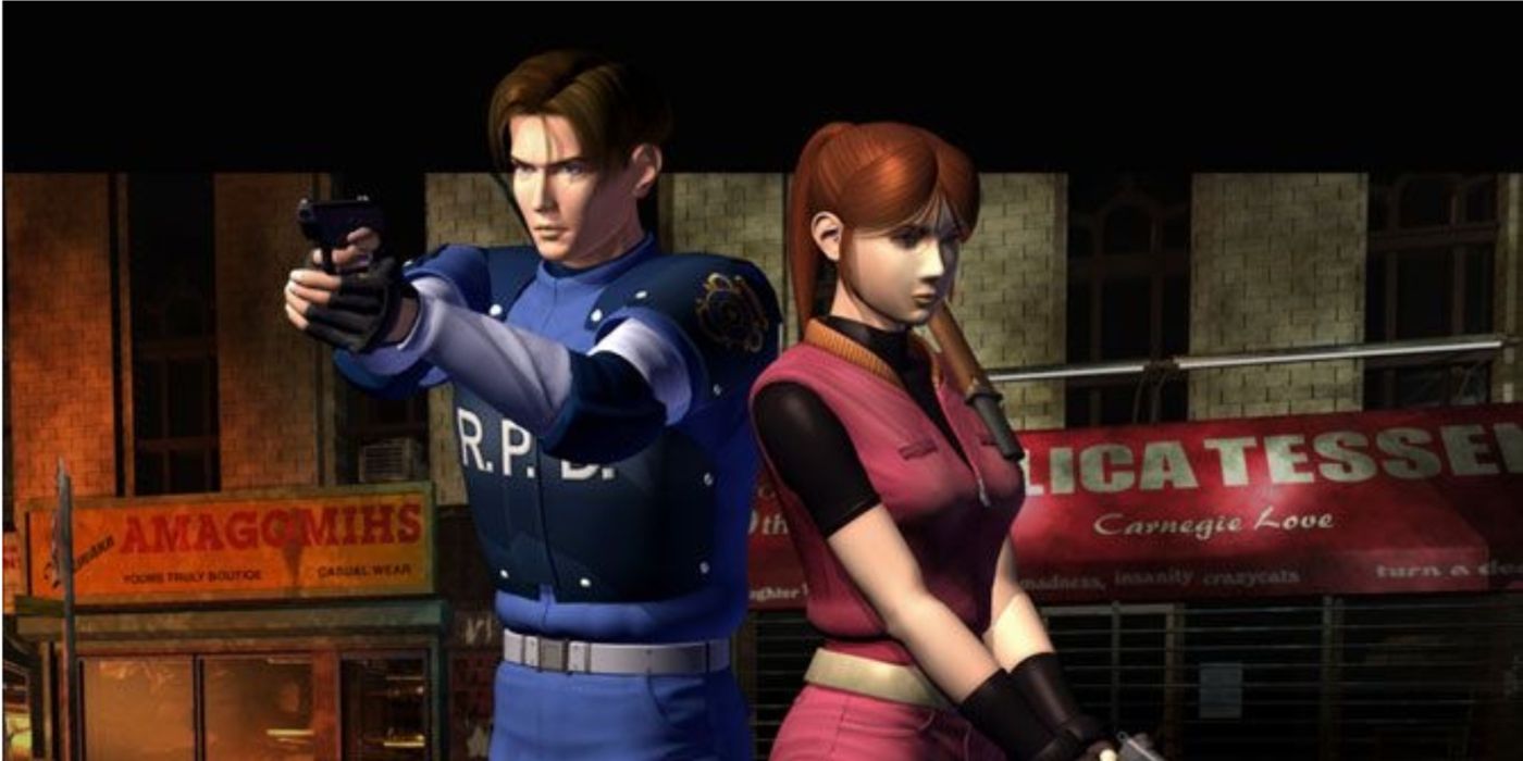 Leon and Claire readying their guns in RE2 key art for the PS1.