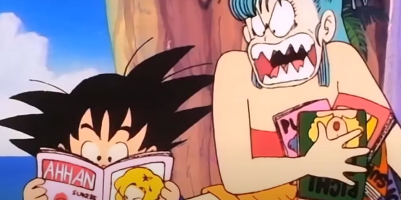 Bulma tirando revistas de Goku.