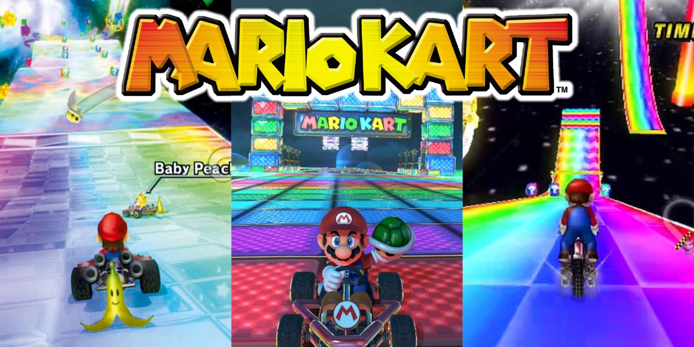A collage of images from the Mario Kart video game series.